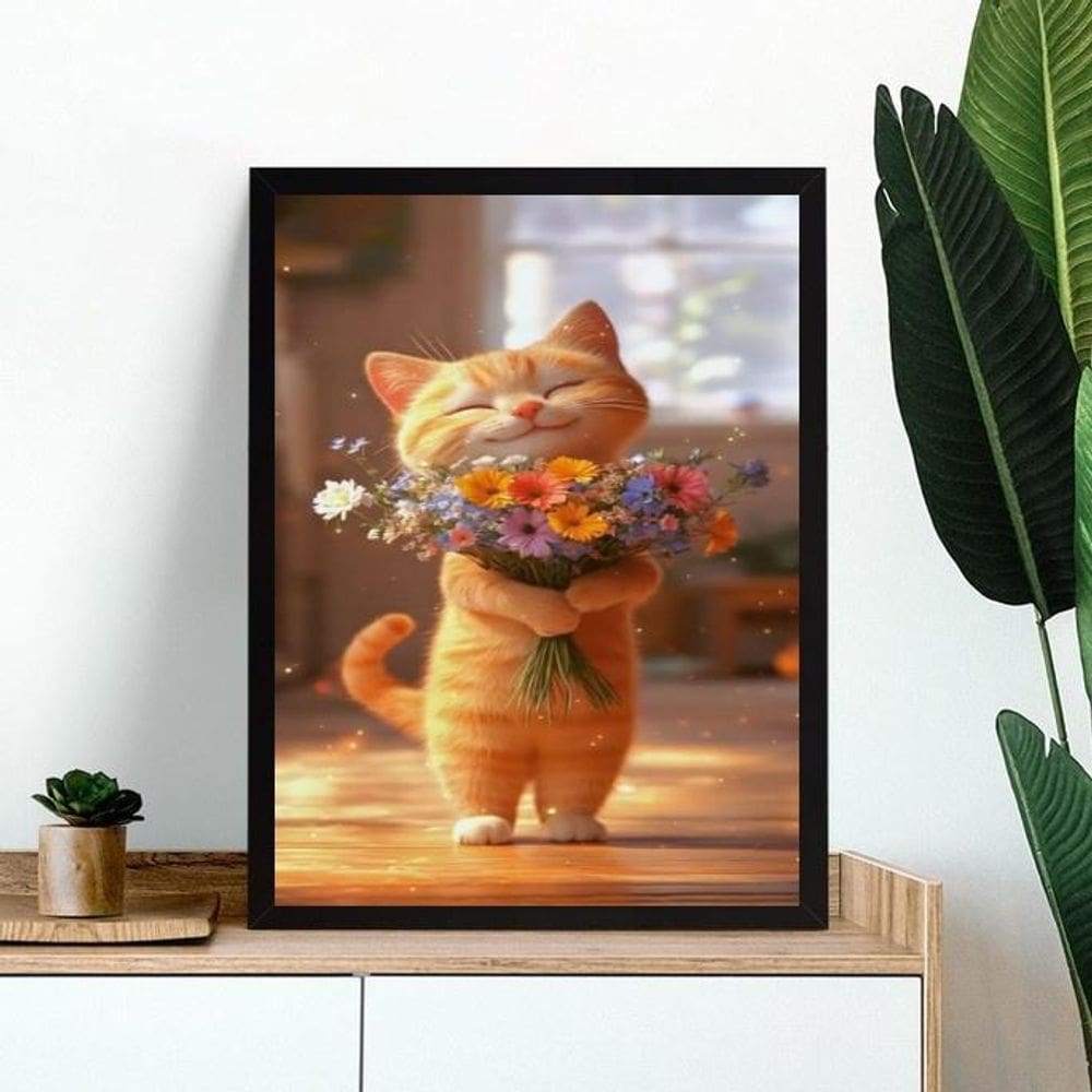 Quadro Gatinho Baby Com Buquê De Flores 24X18Cm - Com Vidro