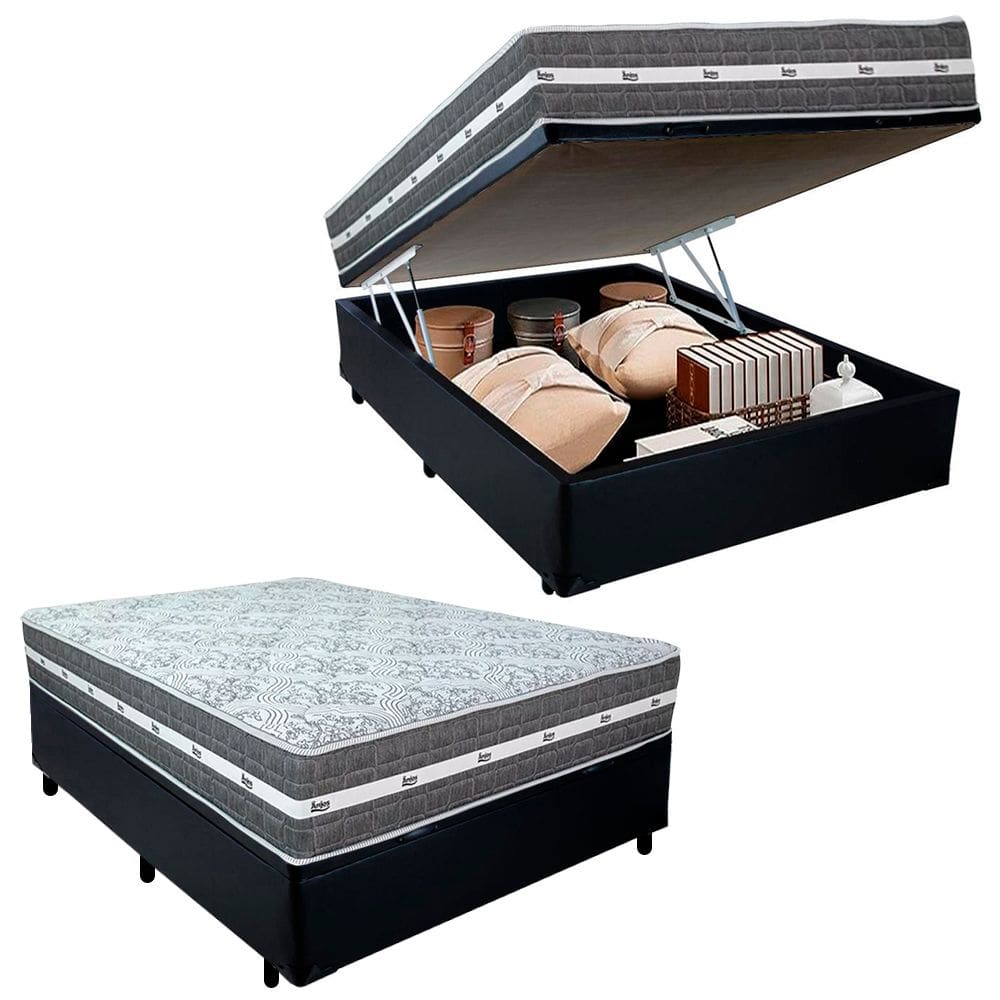 Cama Box Baú Casal Sintético + Colchão Anjos Black Graphite Molas Ensacadas 138x188x64cm