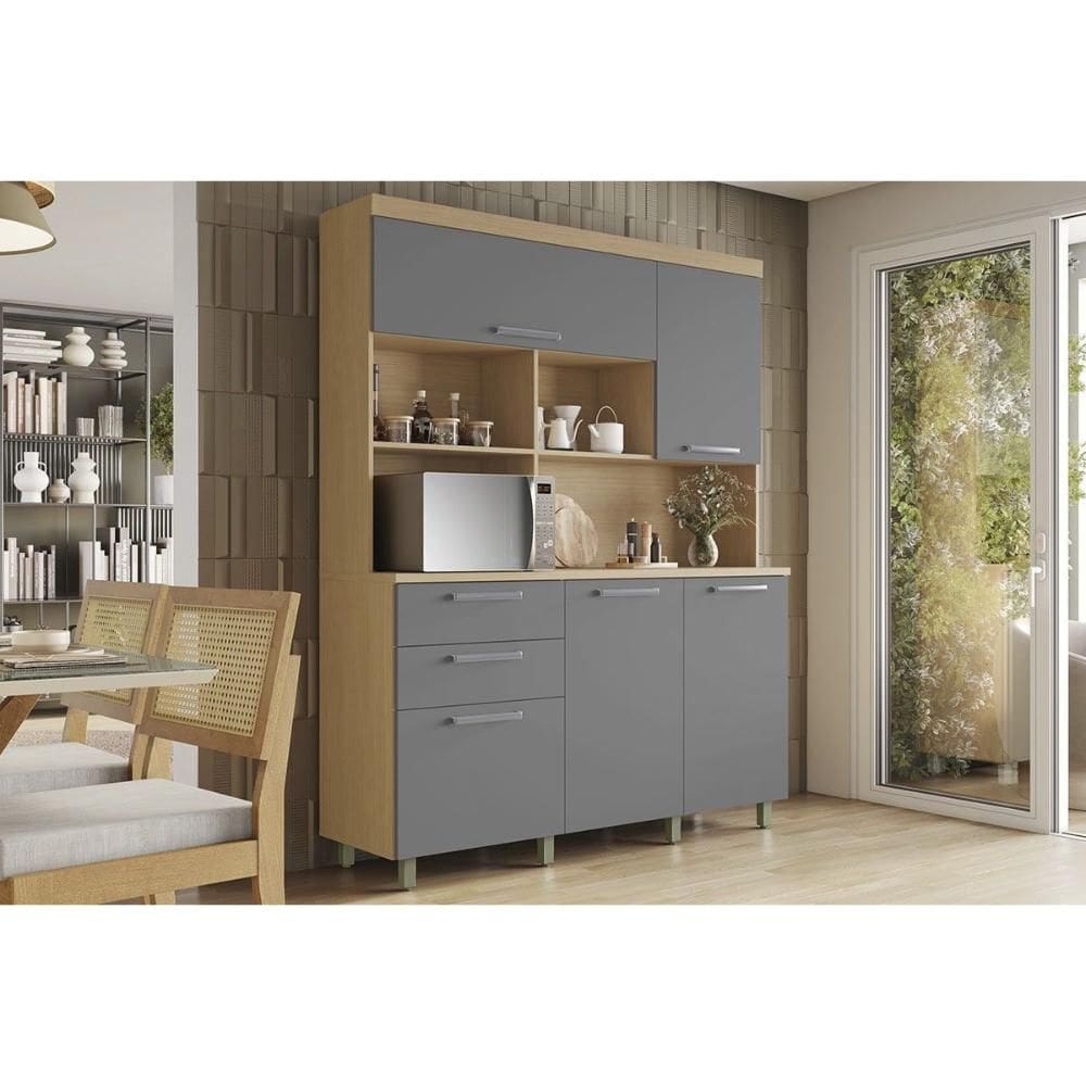 Kit de Cozinha Compacta Nobreza c/ 5 Portas e 2 Gavetas 160cm Carvalho/Titânio - Nesher