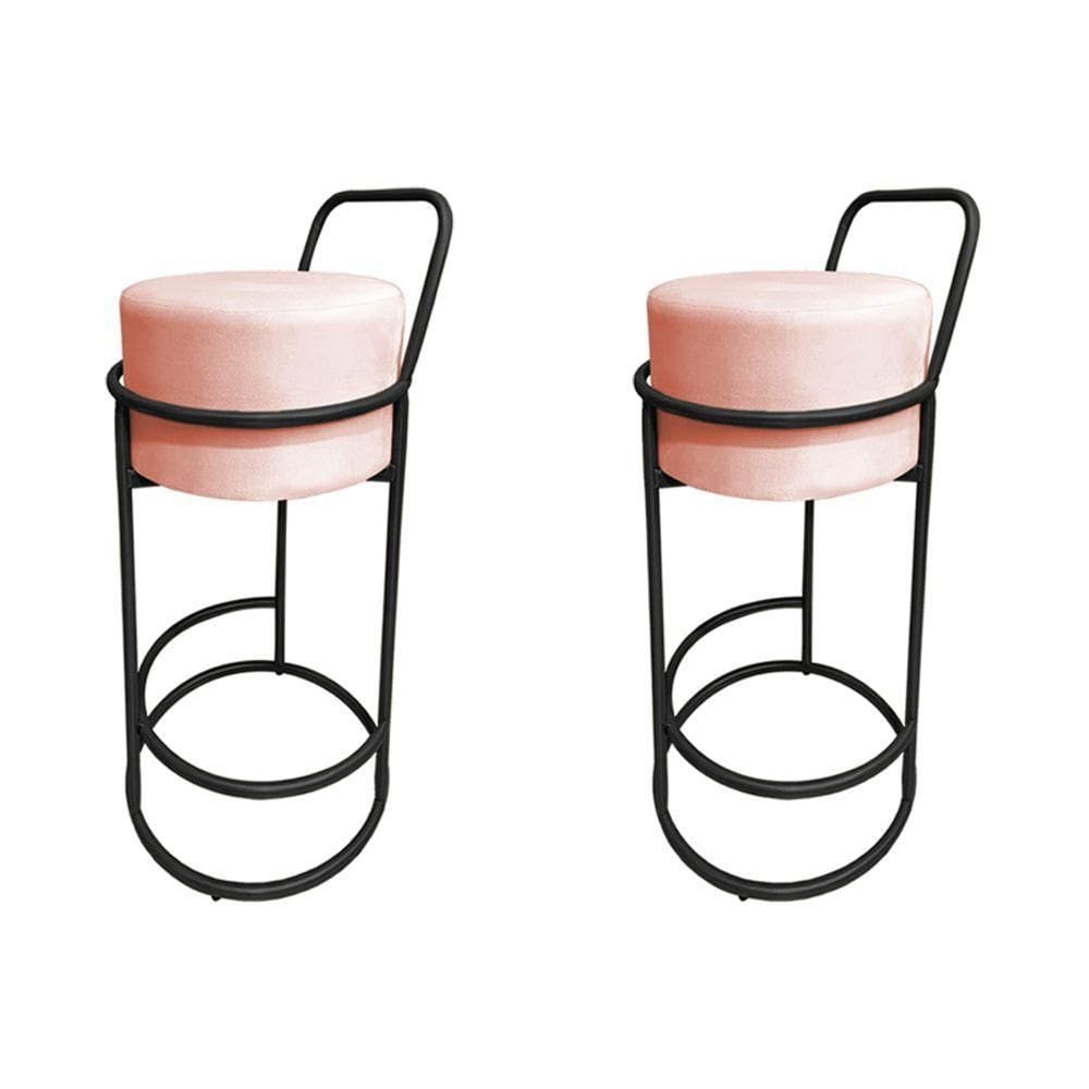 Kit 2 Banquetas Alta Redonda Base Preta Veludo Rose