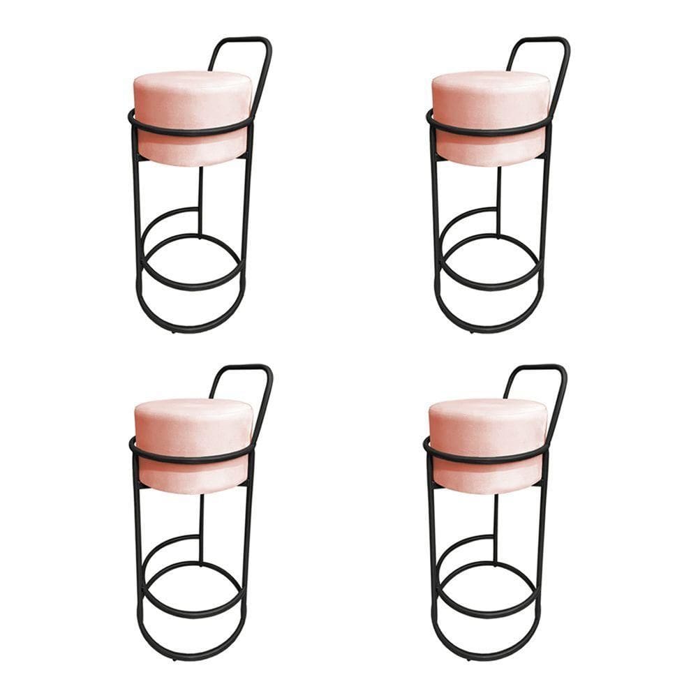 Kit 4 Banquetas Alta Redonda Base Preta Veludo Rose