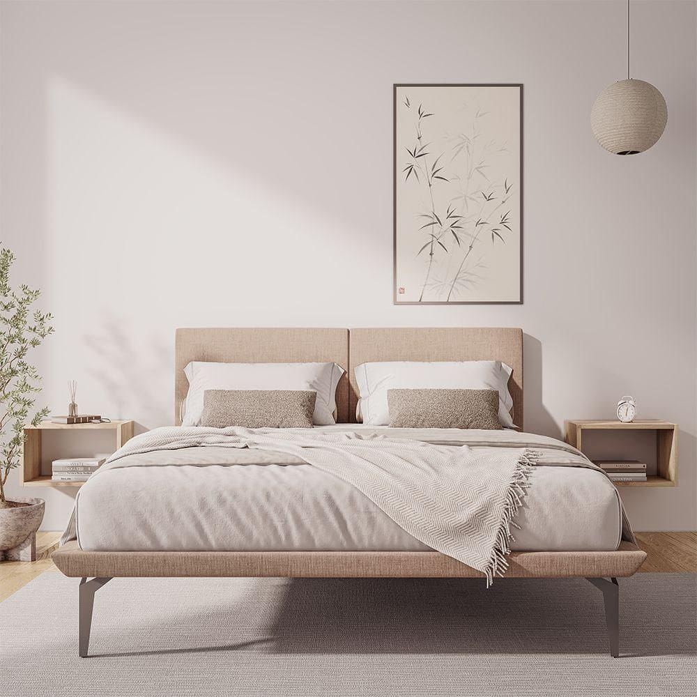 Base Box Cama Japonesa Toquio Queen Com Cabeceira Almofada Linho Bege