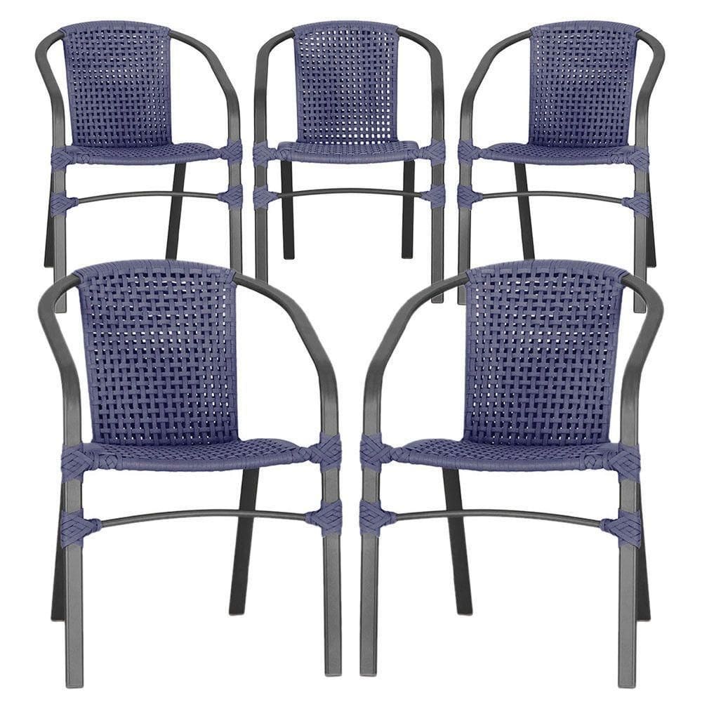 05 Cadeiras Floripa Alumínio Pintura Preta Trama Azul
