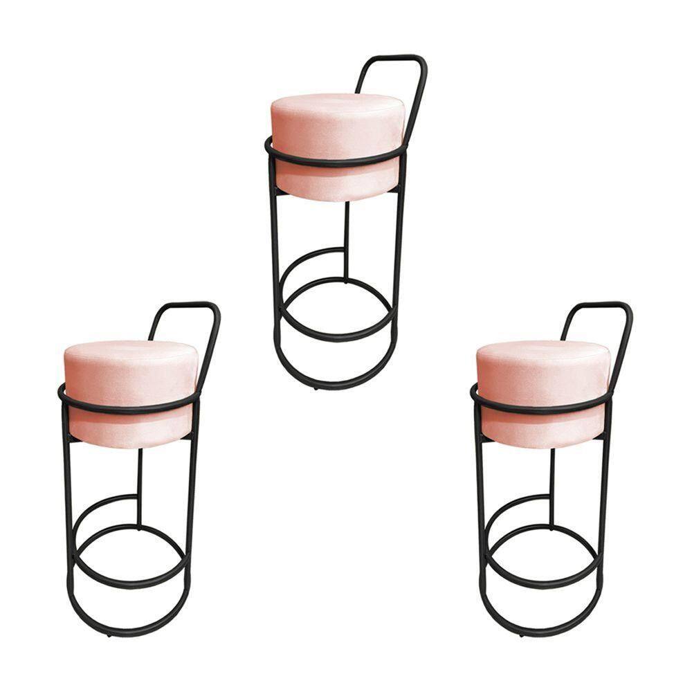 Kit 3 Banquetas Alta Redonda Base Preta Veludo Rose
