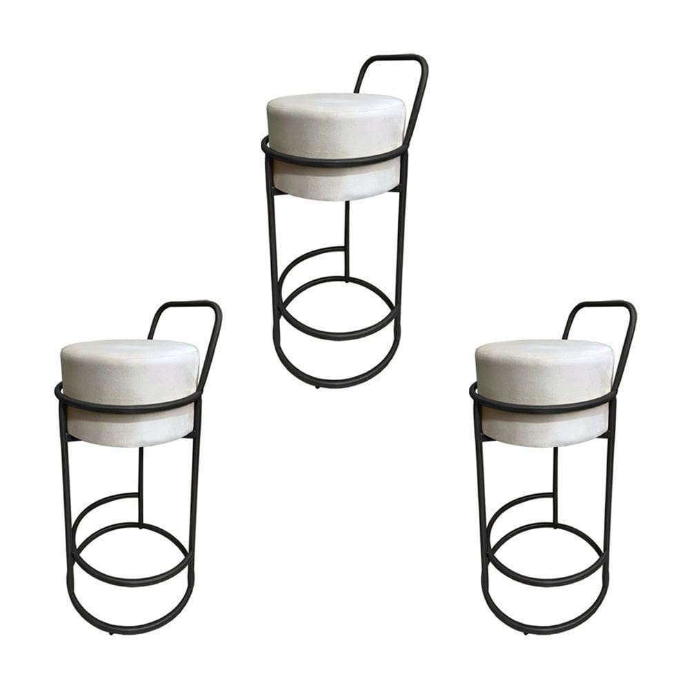 Kit 3 Banquetas Alta Redonda Base Preta Veludo Bege