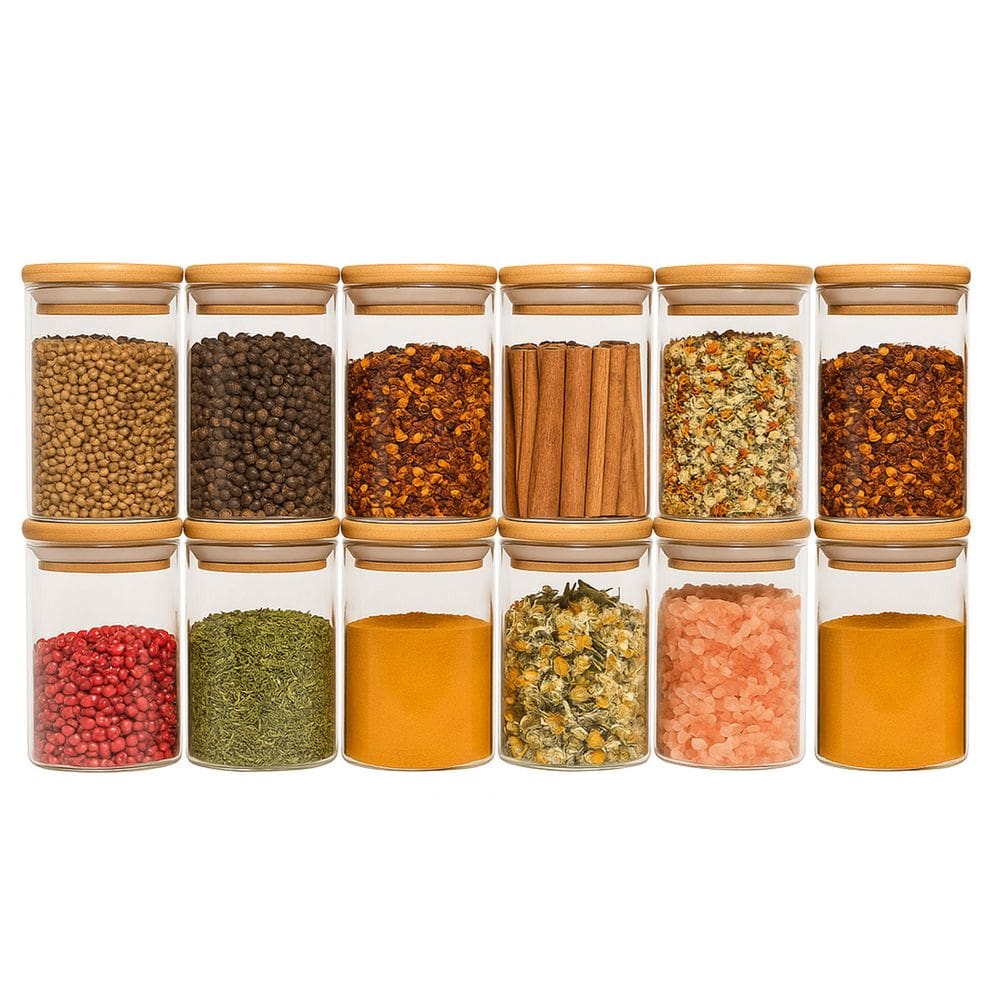 Jogo 12 potes de vidro 250ml com tampa de bambu herméticos para tempero - Oikos