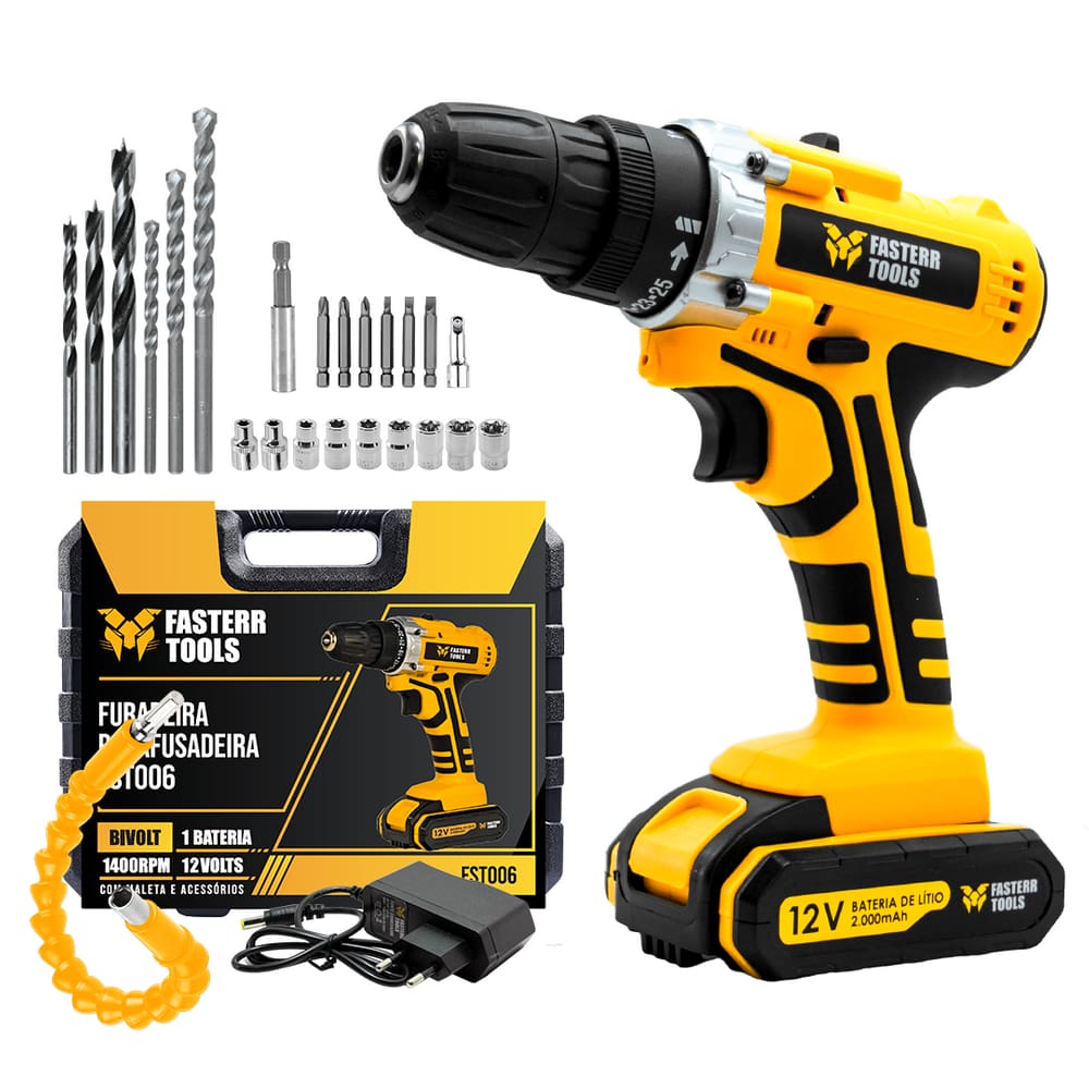 Furadeira e Parafusadeira 12V com 1 bateria + 24 Peças Fasterr - FST006-2