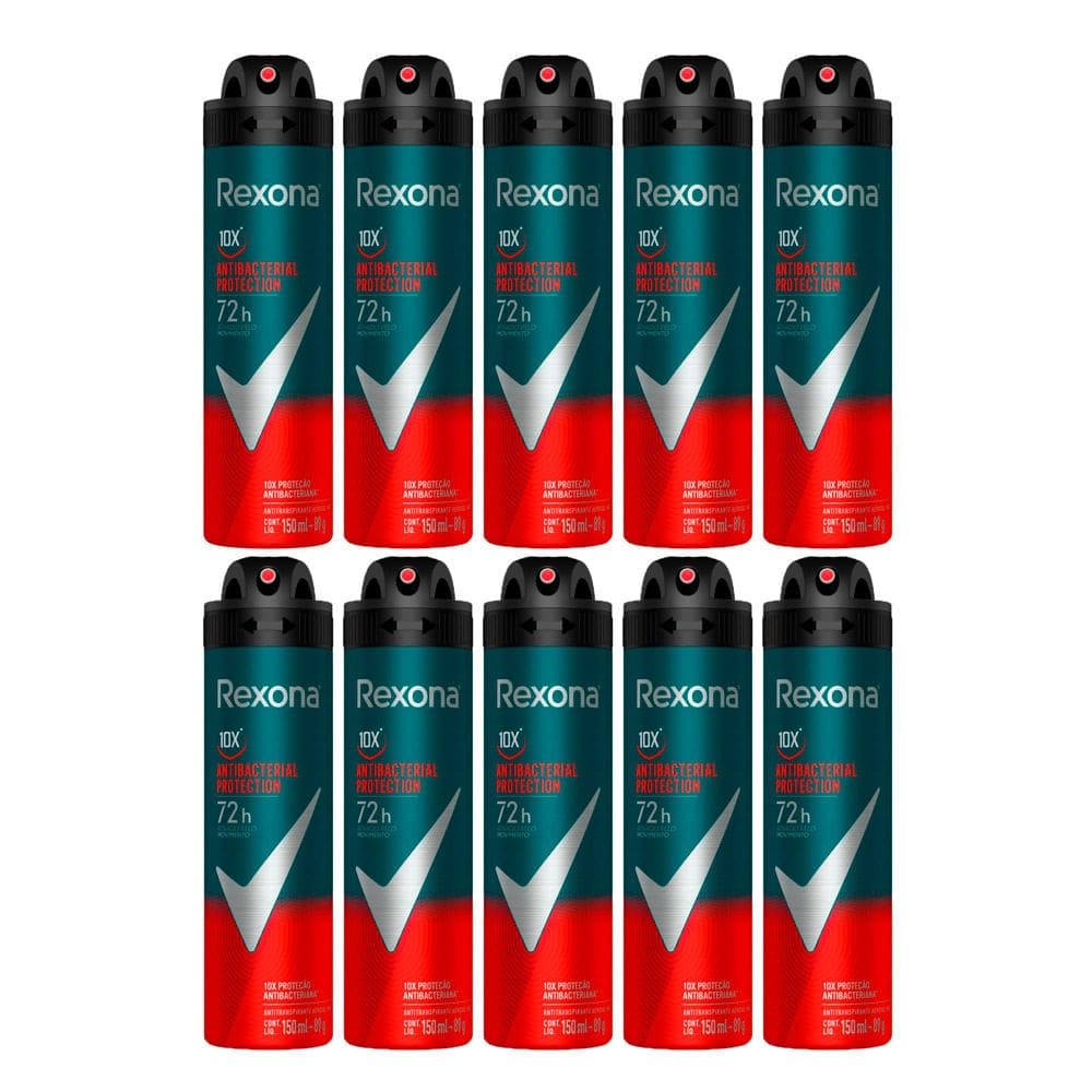 Kit 10 Desodorante Rexona Antibacterial Protection Men Aerosol Antitranspirante 72h 150ml
