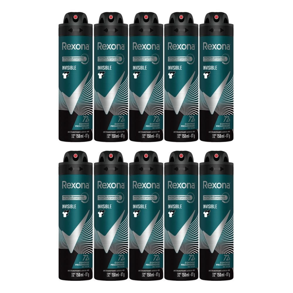Kit 10 Desodorante Rexona Invisible Masculino Aerosol Antitranspirante 72 horas 150ml