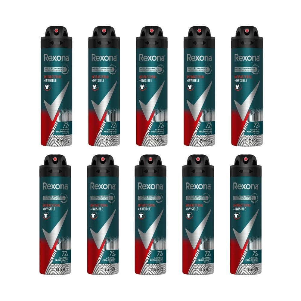 Kit 10 Desodorante Rexona Antibacterial e Invisible Masculino Aerosol Antitranspirante 72 horas 150ml