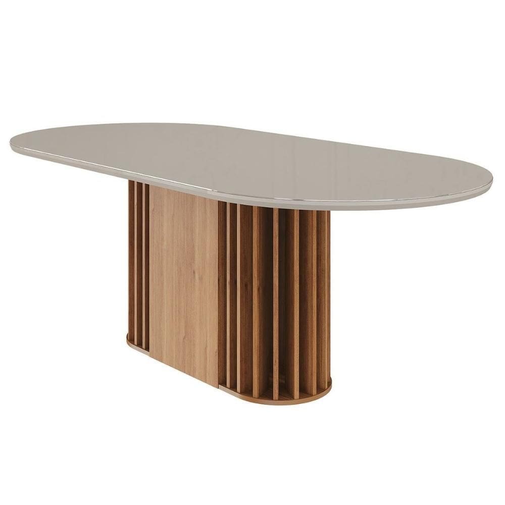 Mesa p/ Cozinha Julieta c/ Tampo Madeirado Vidro Oval 210x100cm Cinamomo/Off White - Cimol