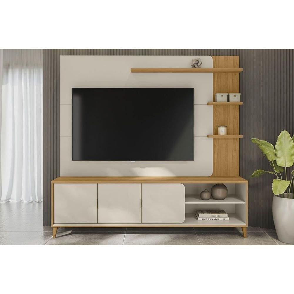 Estante p/ Sala até 70 Pol Napoli c/ 3 Portas 4 Prateleiras e LED 193x200cm Tauari/Off White Fosco - Linea Brasil