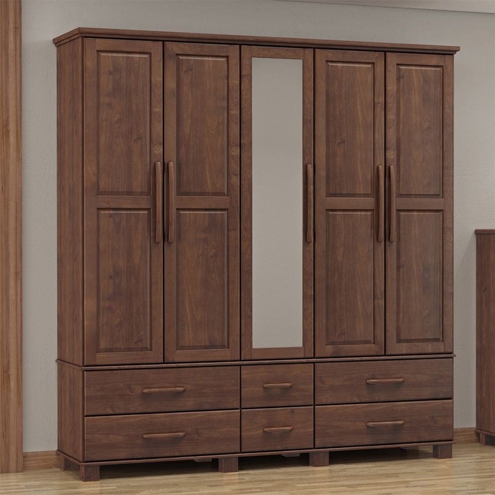 Guarda Roupa Bipartido 5 Portas e 6 Gavetas Linha Ouro Madeira Maciça 2253WN Café Finestra