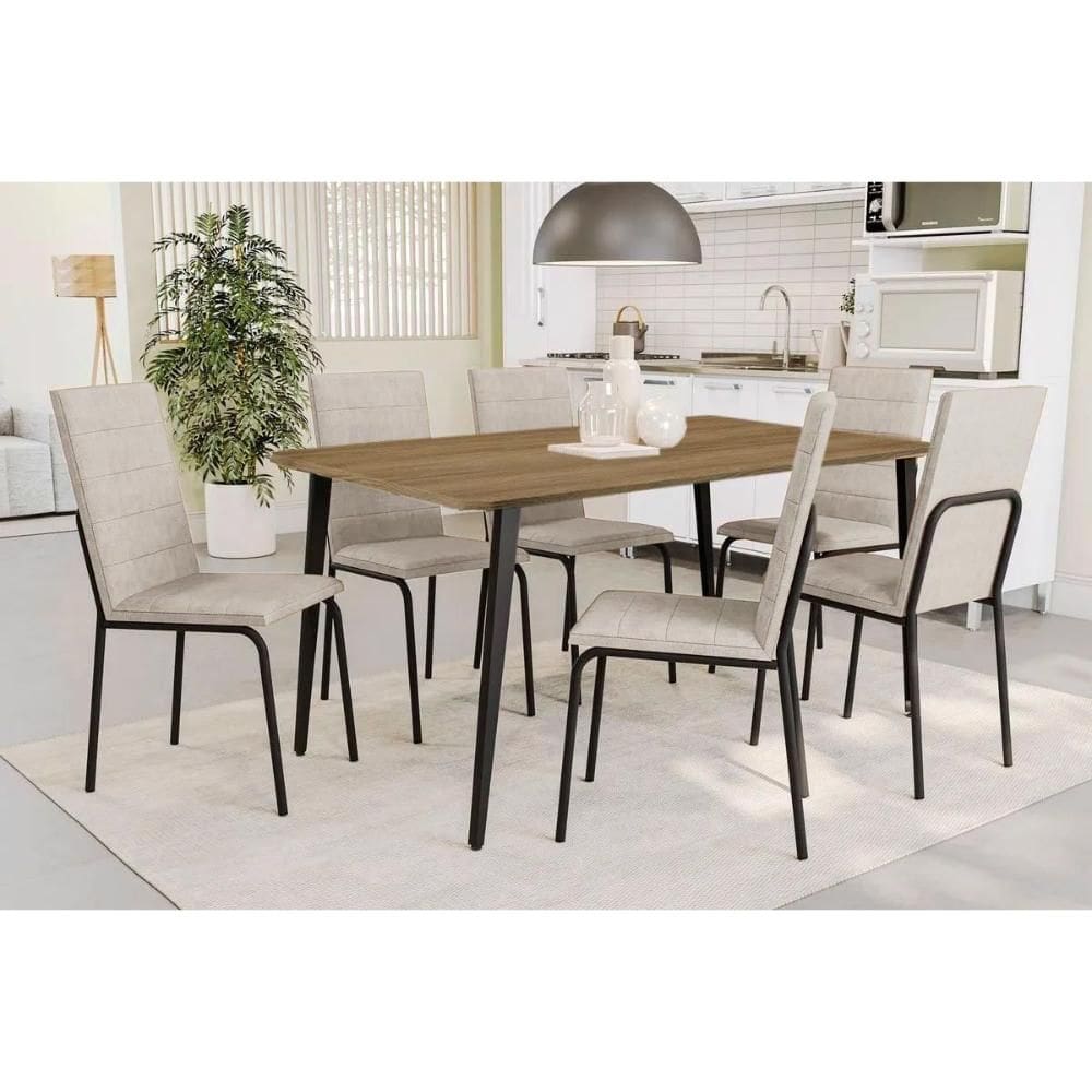 Conjunto: Mesa Sala Jantar Iguaçu c/ Tampo de Madeira 1.36cm e 6 Cadeiras Amsterdã Preto Fosco/Courano Branco - Kappesberg