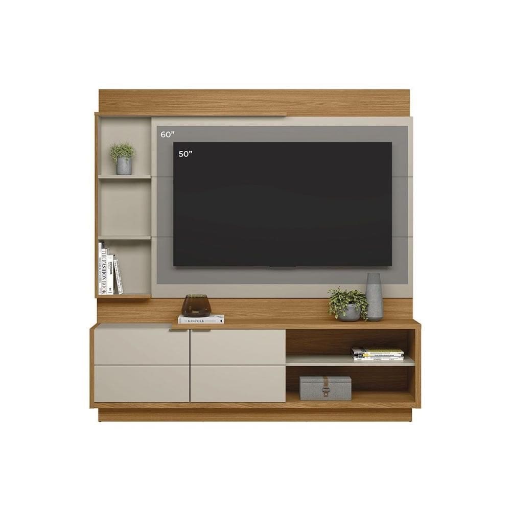 Rack Bancada c/ Painel p/ TV até 60 Pol Atlanta 2 Portas e 5 Prateleiras186x180cm Nature/Off White - Linea Brasil