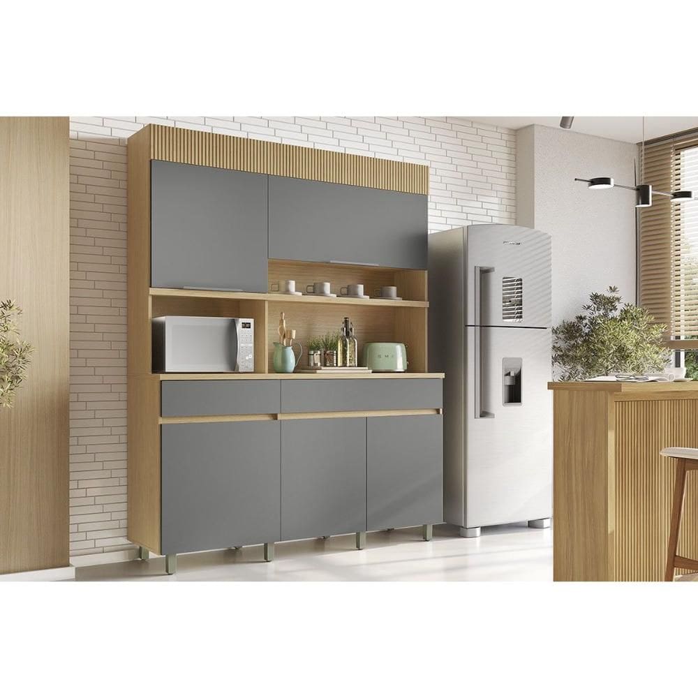 Cozinha Compacta Realeza c/ 5 Portas e 2 Gavetas 160cm Carvalho/Titânio - Nesher