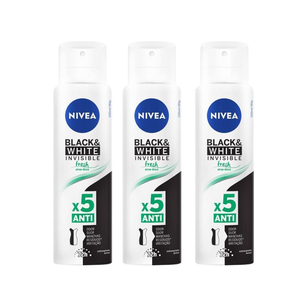 Kit 3 Desodorante Antitranspirante Aerosol Nivea Invisible Black & White Fresh 150ml