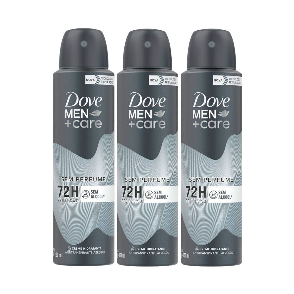 Kit 3 Desodorante Dove Men + Care Sem Perfume Aerosol Antitranspirante 72h com 150ml