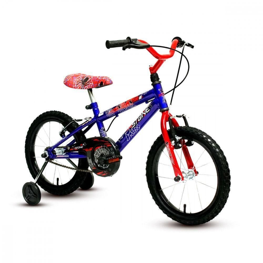 Bicicleta Infantil Aro 16 Masculina Homem Aranha Com Rodinha Azul Com Vermelho