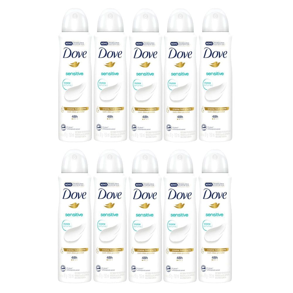 Kit 10 Desodorante Antitranspirante Aerosol Dove Sensitive Sem Perfume com 150ml