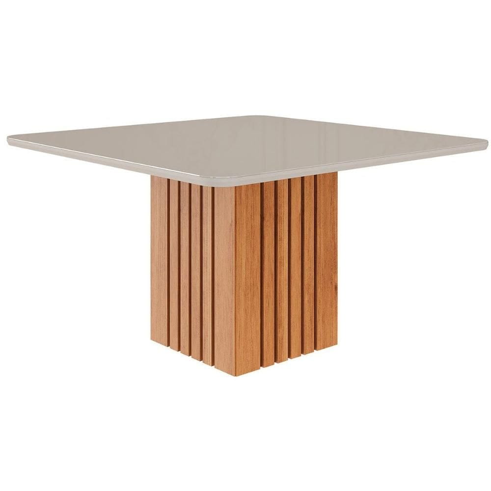 Mesa p/ Cozinha Ana c/ Tampo Madeirado c/ Vidro 130x130cm Cinamomo/Off White - Cimol
