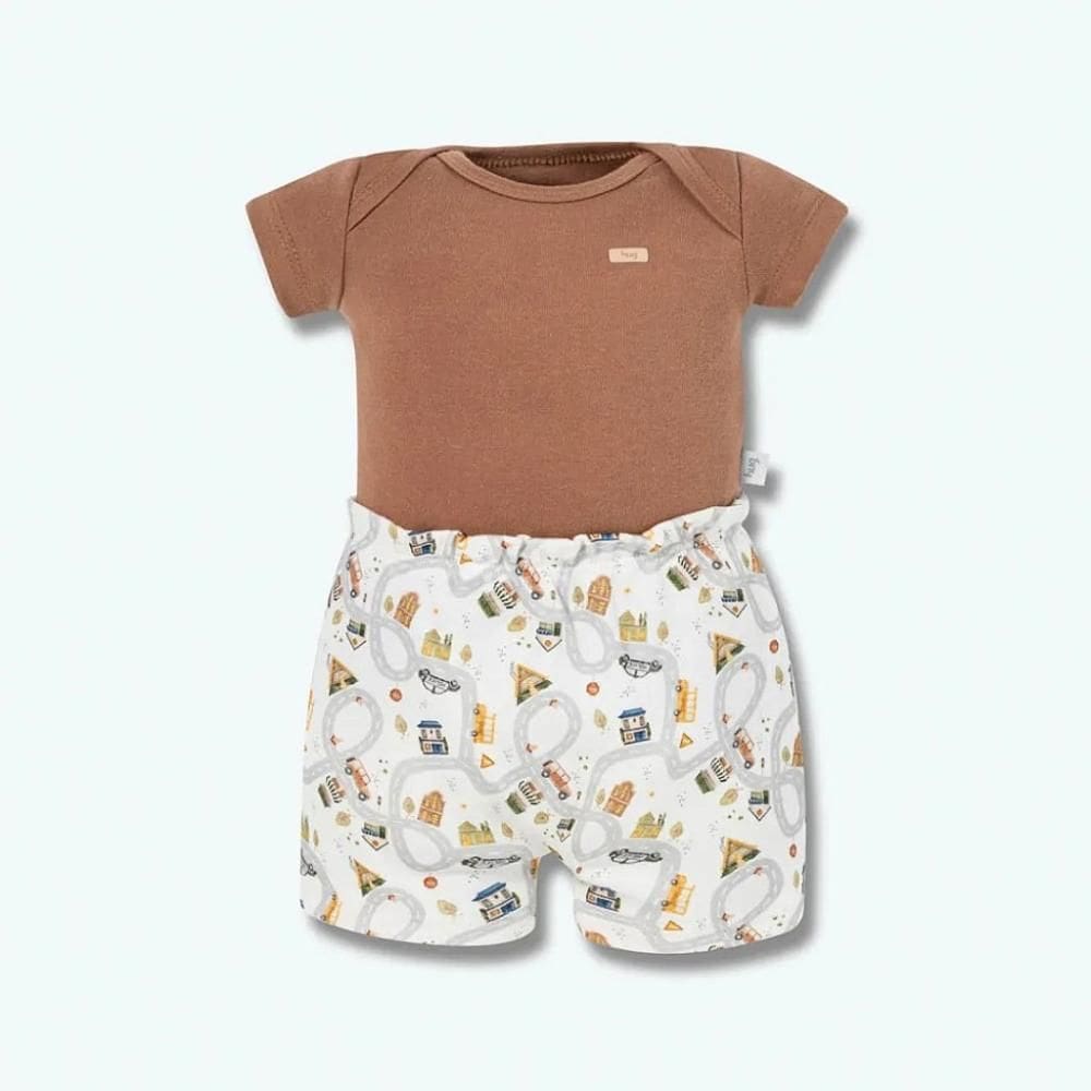 Conjunto de Body Hug Curto Com Bermuda Pequena Cidade Marrom