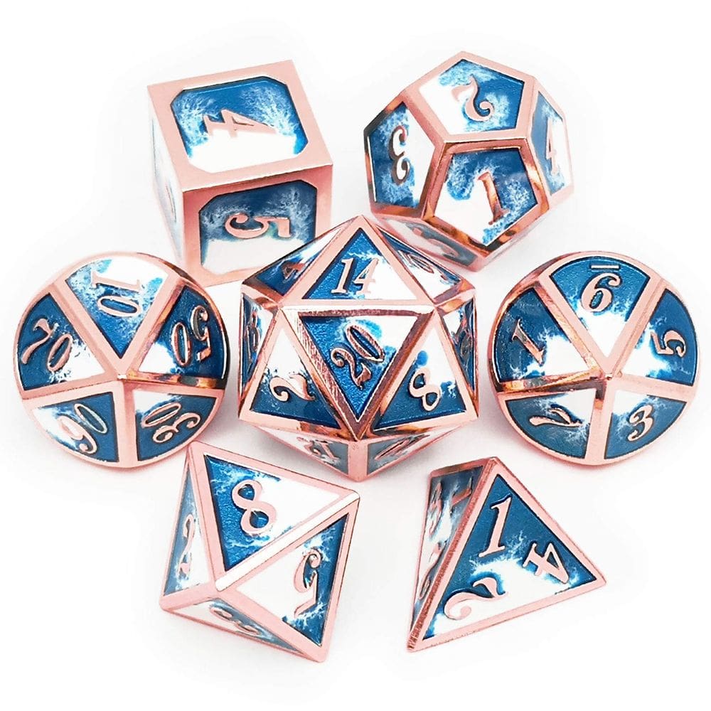Conjunto de dados Haxtec Metal Copper Blue White com bolsa de couro D&D