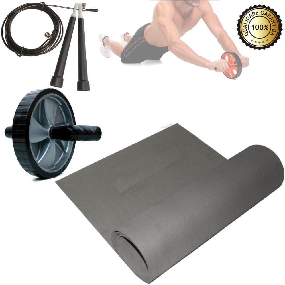Kit Funcional Colchonete Preto + Roda + Corda De Cross Fit