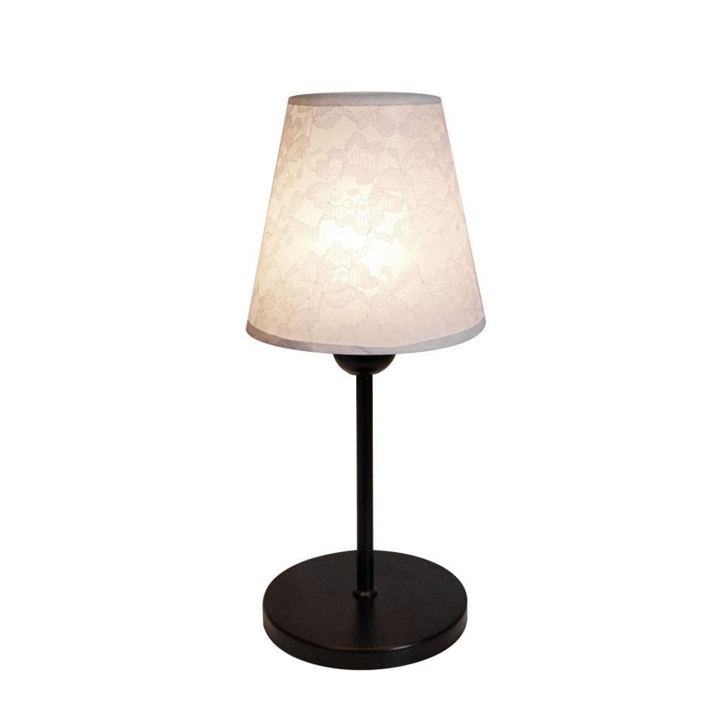 Abajur de Mesa Md-2005 Base Aluminio Preto Cúpula em Tecido Cone Renda Branco - Bivolt