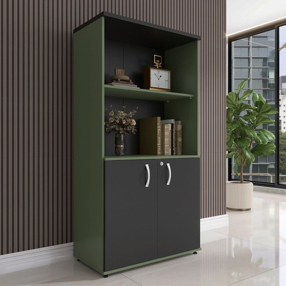 Armario para Escritório 2 Portas Pivotante Salvia/Preto