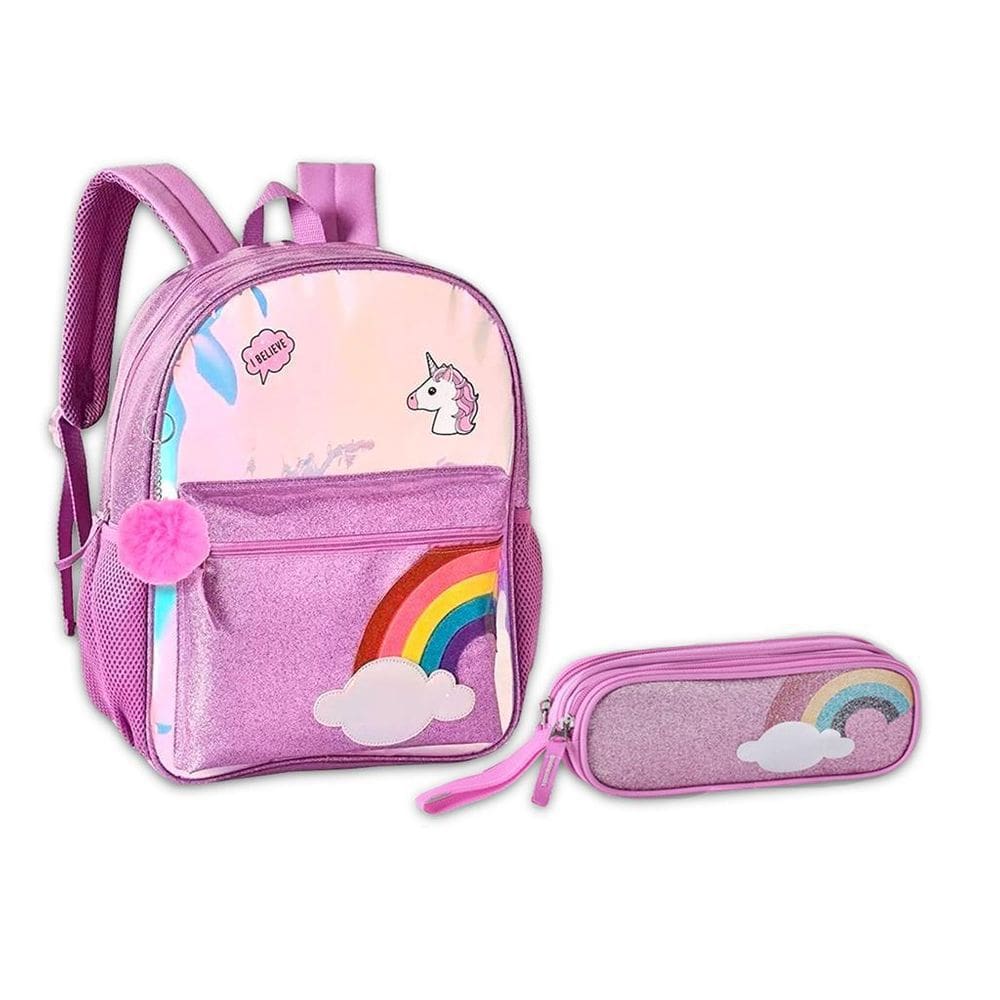 Kit Escolar Mochila Escolar Unicórnio + Estojo Duplo Lilás