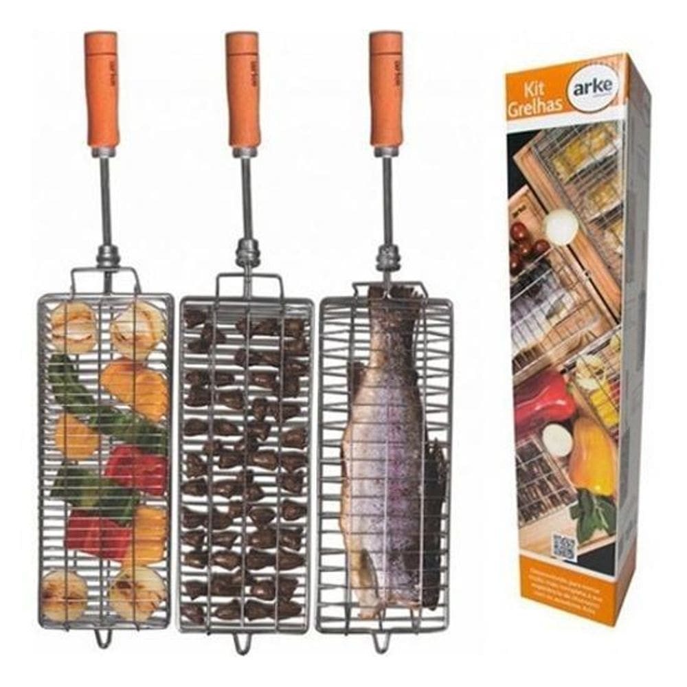 Kit Espetos Grelhas Cromadas Para Churrasco Arke Envio 24H
