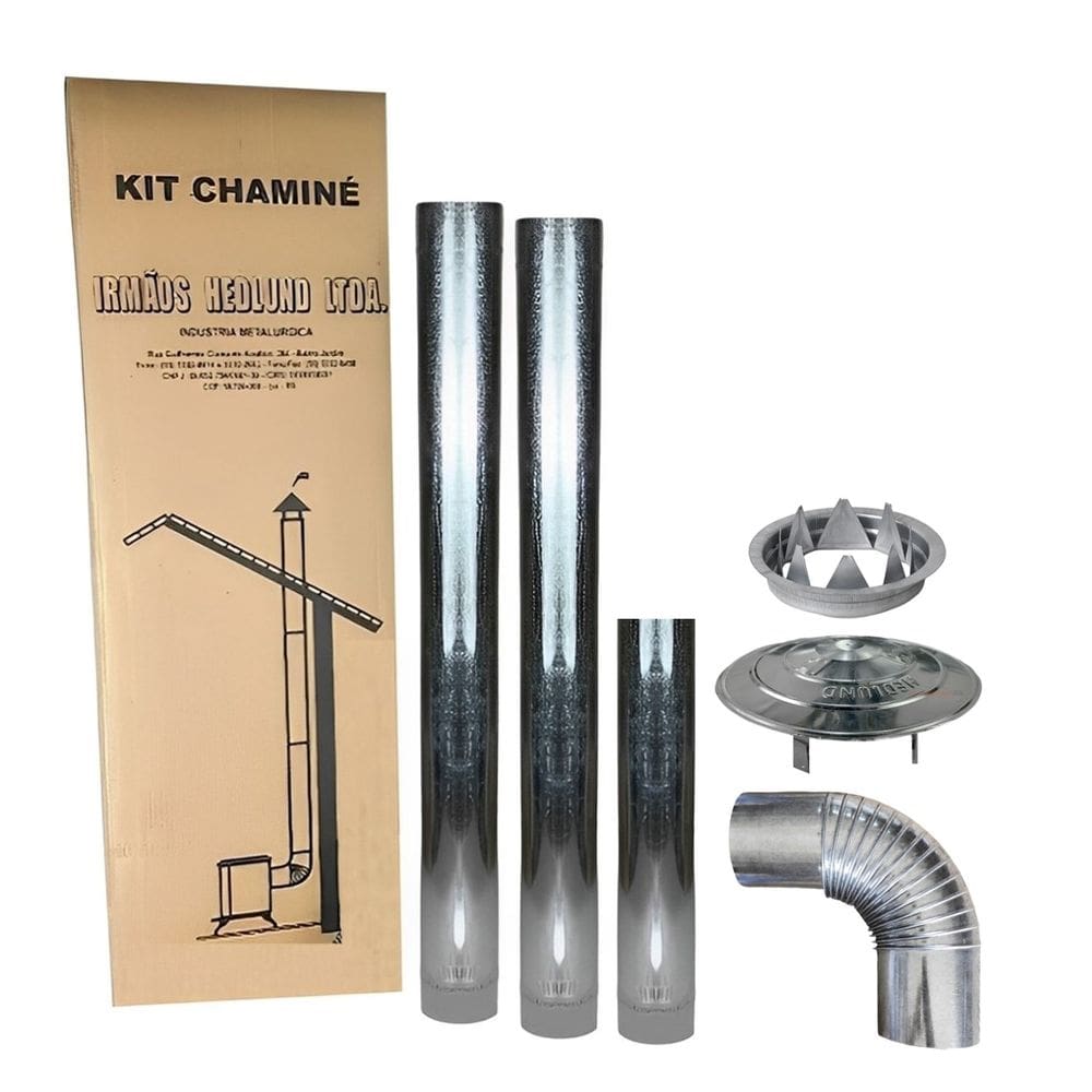 Kit Chaminé Para Fogão A Lenha 2 Canos 1m + 1 Cano 50cm + Joelho 90º + Chapéu + Anel Galvanizado 115mm Nº2 - Hedlund