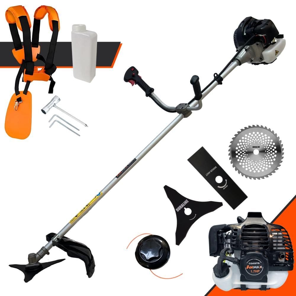 Aparador de Grama Completo Anmax CG430B À Gasolina 2 Tempos 43cc 12.000rpm 1,7HP de Potência Com Kit 3 Lâminas de Corte e Cabeçote de Nylon