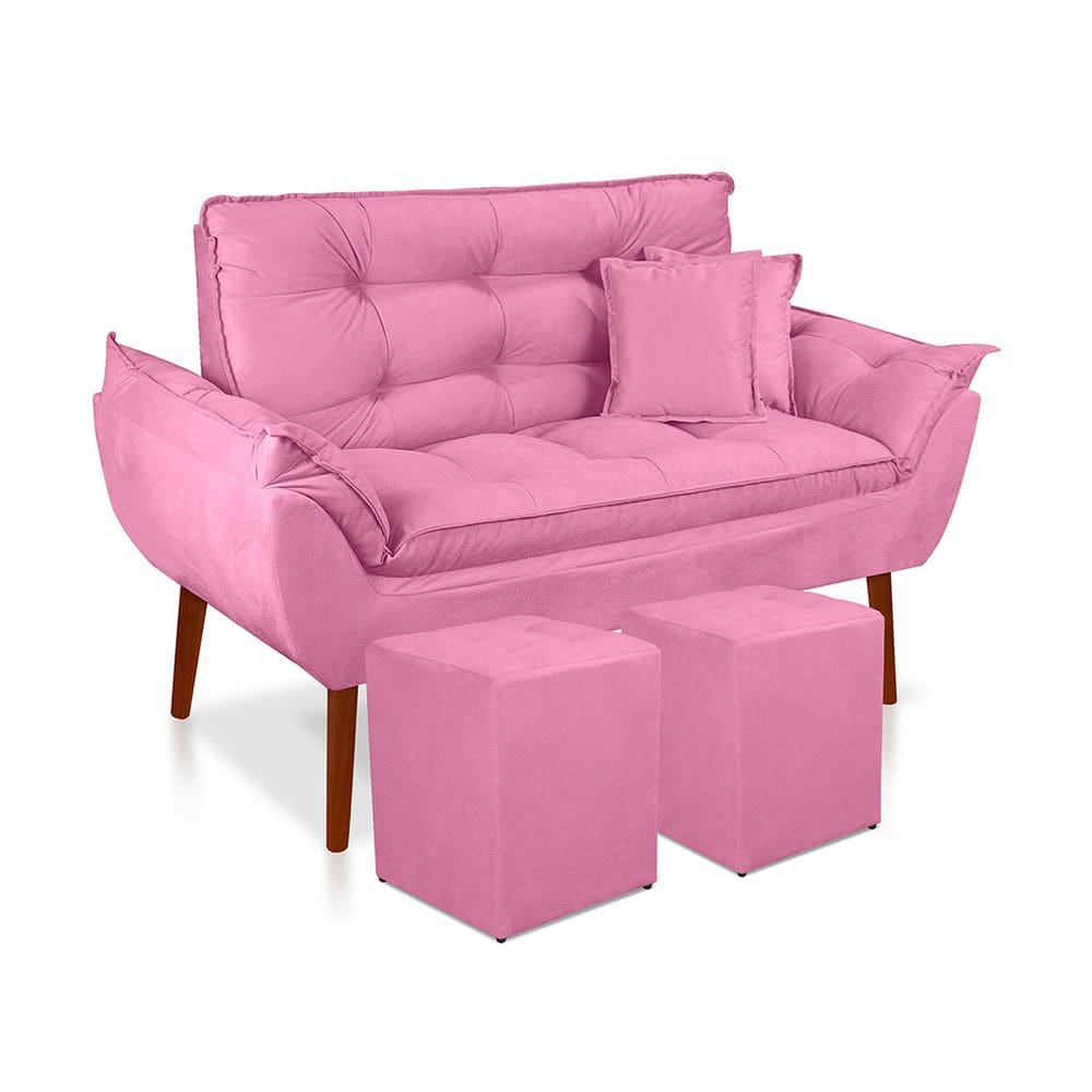 Kit 01 Namoradeira Opala 02 lugares + 02 Puff quadrado + 02 Almofadas Suede Rose Sala, Salão, recepção, quarto Suede