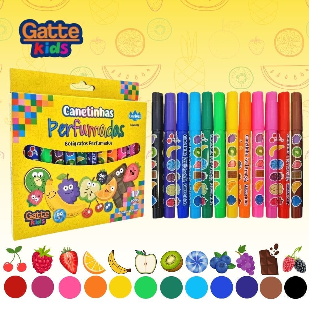 Canetinha Hidrocor Perfumada 12 Cores c/ Cheirinho de Frutas Lavável - Gatte | Papelaria | Material Escolar | Infantil
