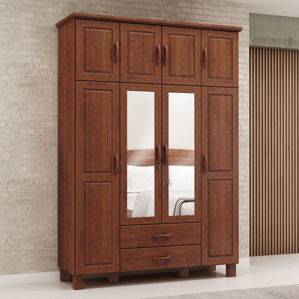 Guarda Roupa Bipartido 8 Portas 2 Gavetas com Espelho Linha Bronze Madeira Maciça 114TN Imbuia Finestra