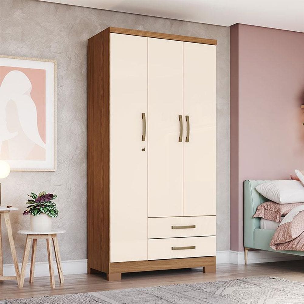 Guarda Roupa Solteiro Miami Ambiente 3 Portas 2 Gavetas com Chave Nature Off White - Henn