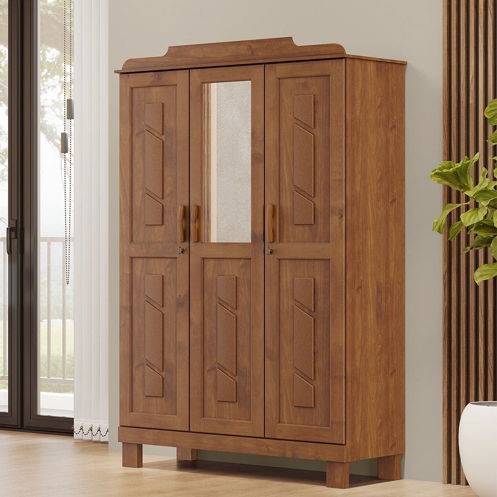 Guarda Roupa Roupeiro 3 Portas com Espelho Linha Cobre 1271C Castanho Finestra