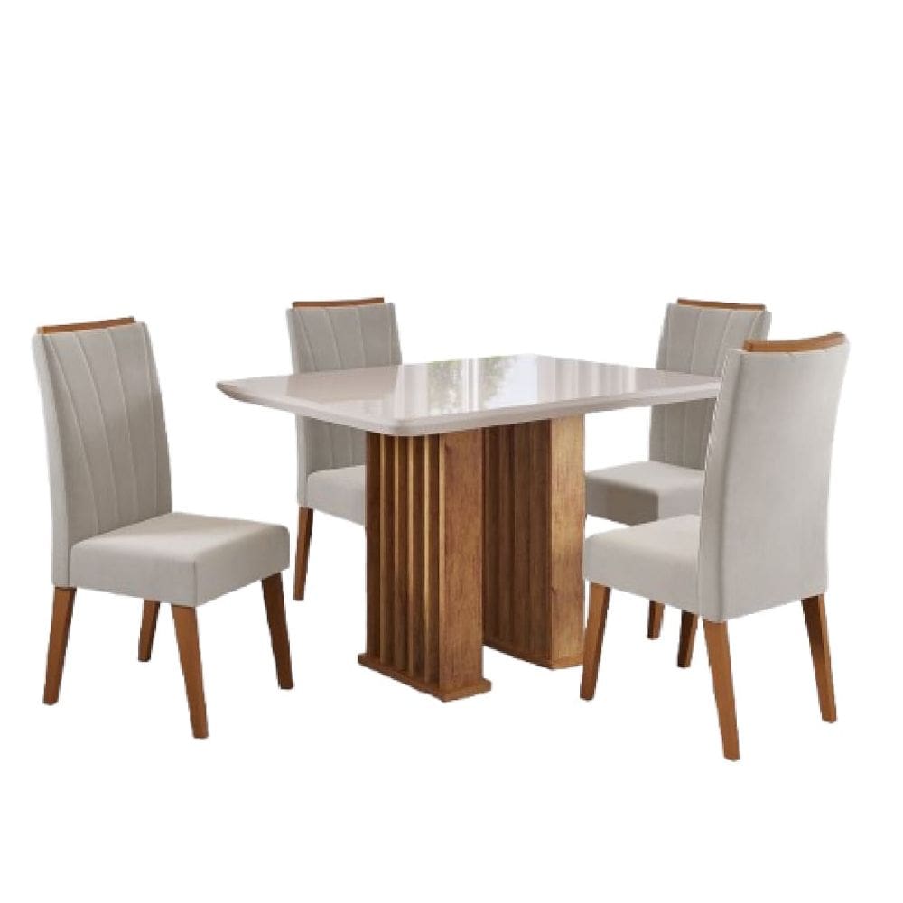 Conjunto de Mesa Sala de Jantar Ripado Tampo com Vidro Mond 1,20m 4 Cadeiras Sofia Madeirado Veludo