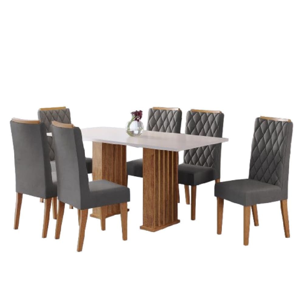 Conjunto Sala de Jantar Mesa Ripada Stade 1,60m 6 Cadeiras Bele Veludo Viero
