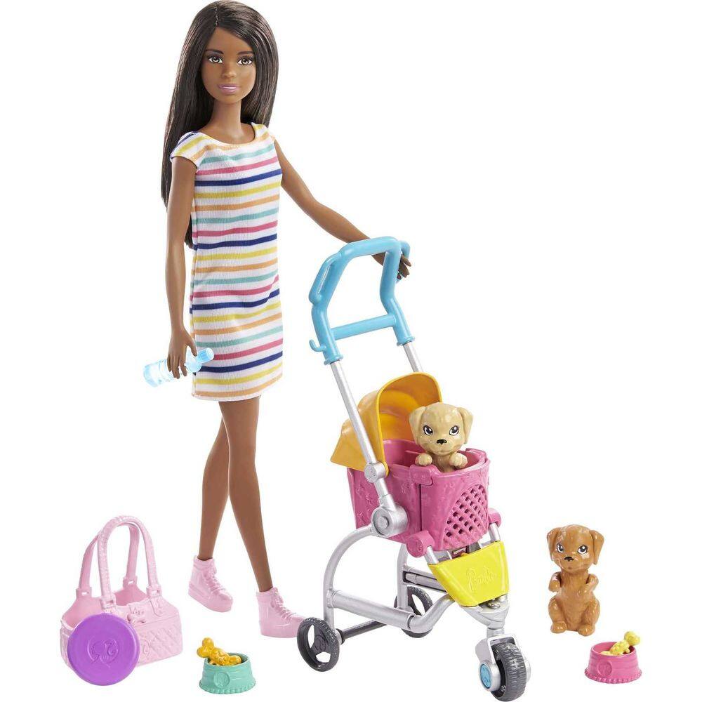 Boneca Playset Barbie Dogwalking com carrinho de bebê transformador
