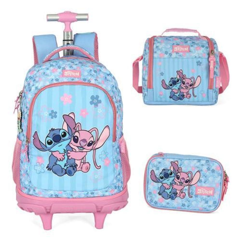Kit Mochila Com Rodinhas Escolar  Stitch E Angel