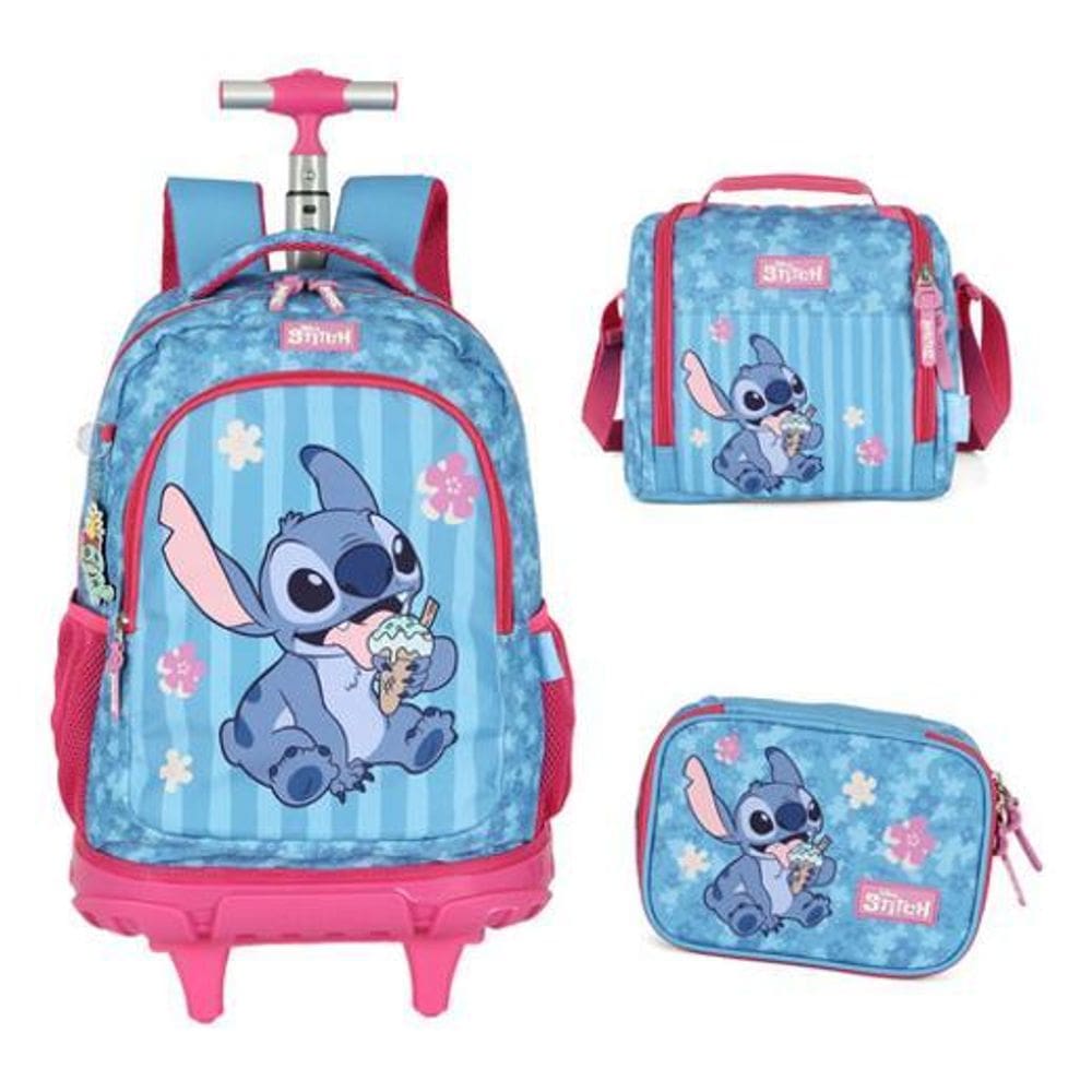 Kit Mochila Com Rodinhas Escolar  Stitch E Angel