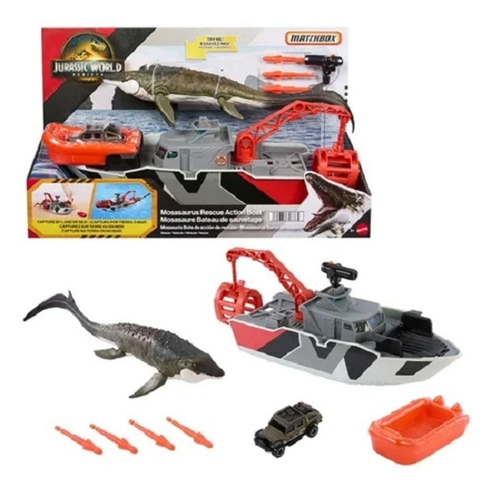 Jurassic world Rebirth Matchbox - Barco Resgate C/ Guincho e Dispara dardos 33 Cm ( vai na agua) - Mosasaurus 34 Cm Bot