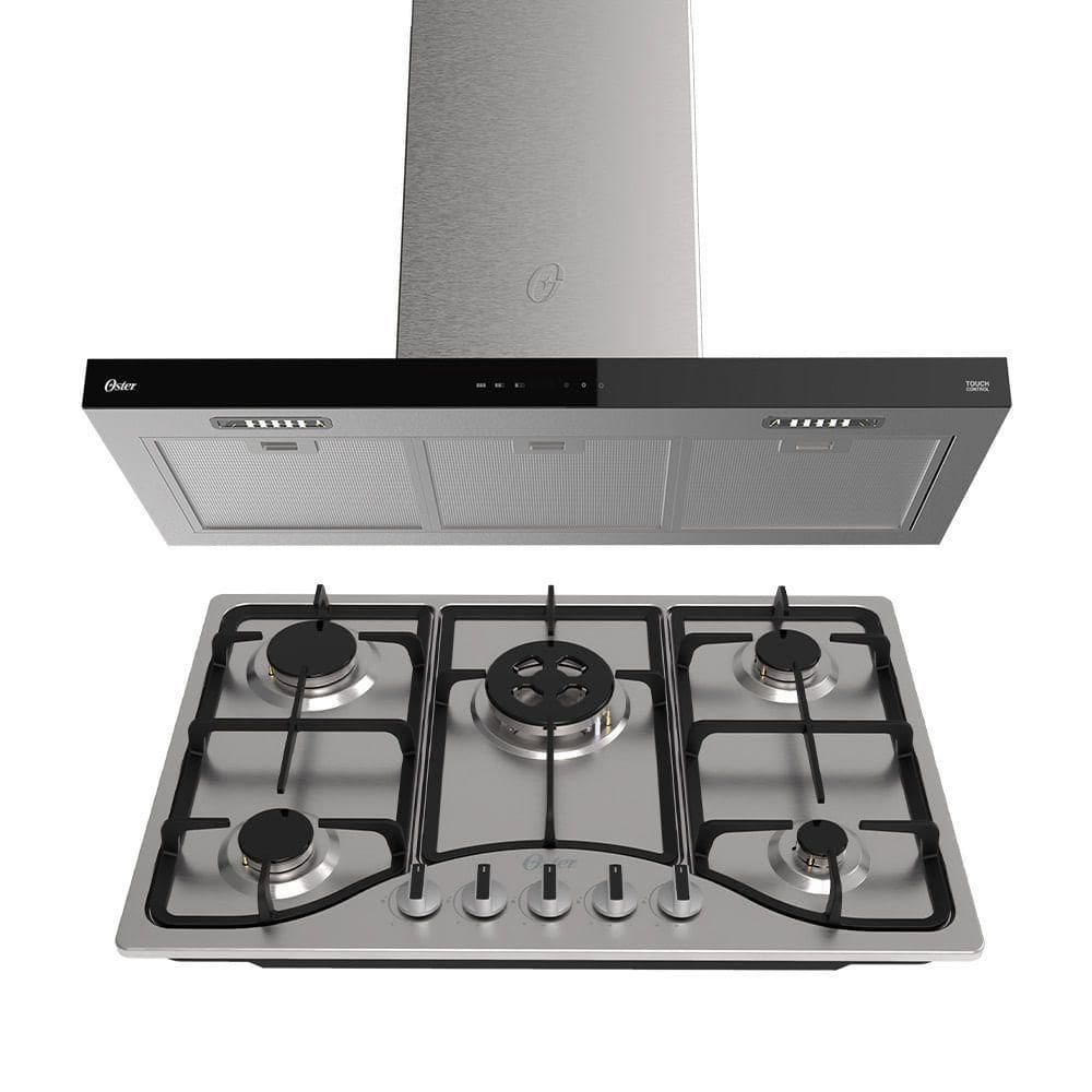 Kit Inox Cooktop A Gás 5 Bocas E Coifa De Ilha 90 Cm Oster 110V