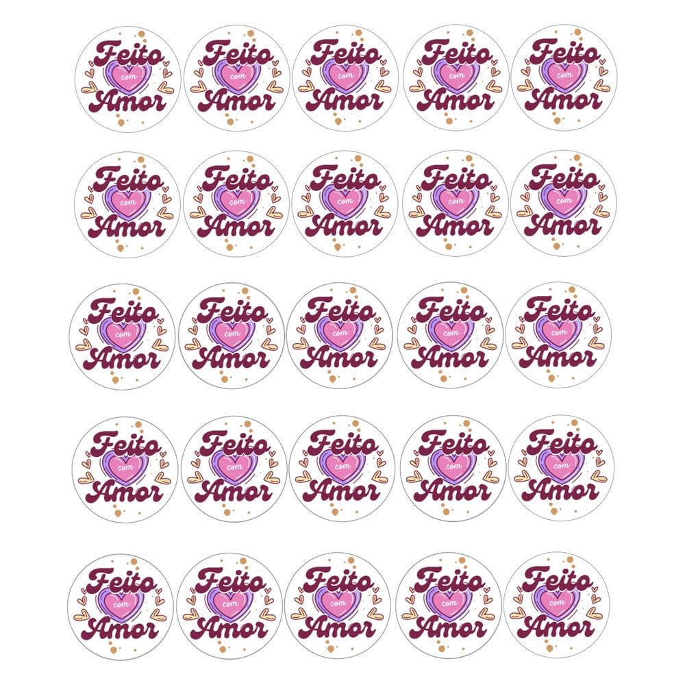 54 Adesivos Vinil p/ Embalaguens Frase Feito com Amor 3 cm