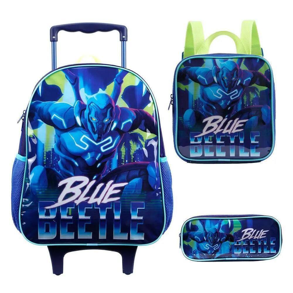 Kit Mochila Rodinhas 16 Lancheira Estojo Besouro Azul Xeryus