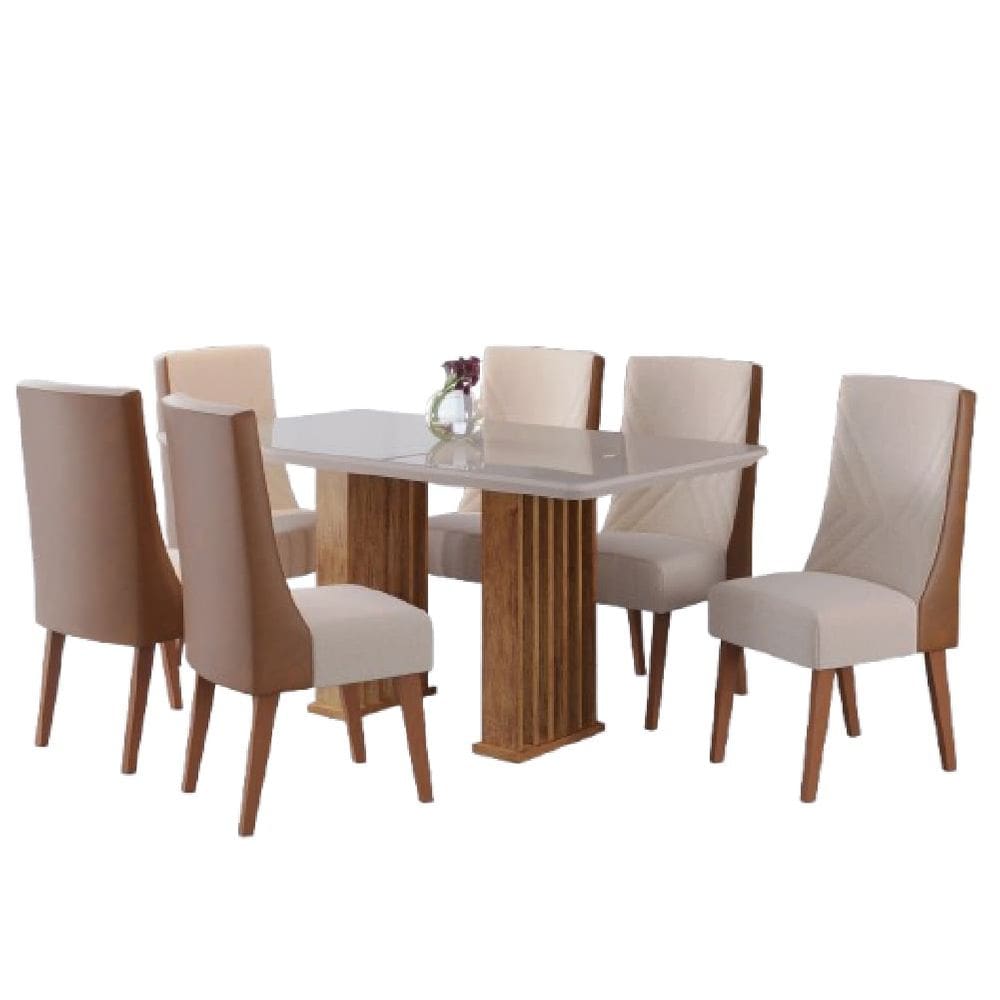 Conjunto de Mesa Sala de Jantar Ripada Tampo com Vidro Mond 1,60m 6 Cadeiras Tifany Madeirado Viero