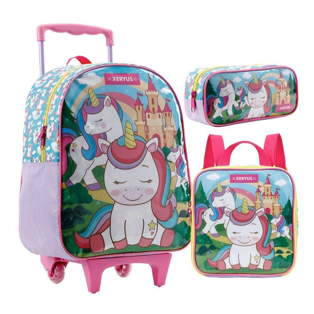 Kit Mochila Rodinha 16 Lancheira Estojo Unicórnio Xeryus